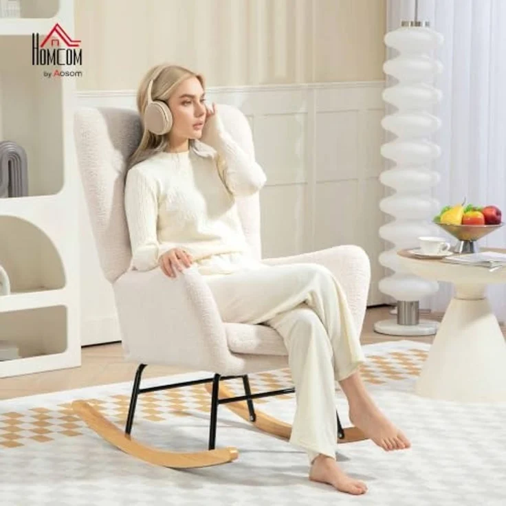 HOMCOM Schaukelstuhl Schaukelsessel mit Armlehne, Teddystoff-Optik (Relaxsessel Schwingsessel, 1 St), für Wohnzimmer, Schlafzimmer, Cremeweiß – Bild 2