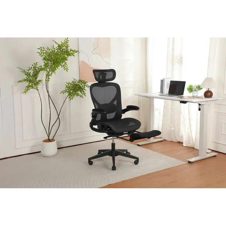 Klappbarer ergonomischer Bürostuhl, kleiner Platz-Klappstuhl mit Taillenstütze, Ganznetzschiebekissen, klappbare Armlehnen, 3D-Kopfstützen und Bürostuhl mit Arbeitspedalen,schwarz--Schwarz--129x48.5x62cm--YOUDENOVA – Bild 1