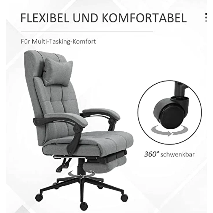 Vinsetto Bürostuhl mit Kopfkissen Armlehne Schreibtischstuhl mit Neigungswinkel Höhenverstellbarer Drehstuhl mit Fußstütze Leinen Schaumstoff PVC Hellgrau 66 x 70 x 116-124 cm – Bild 7