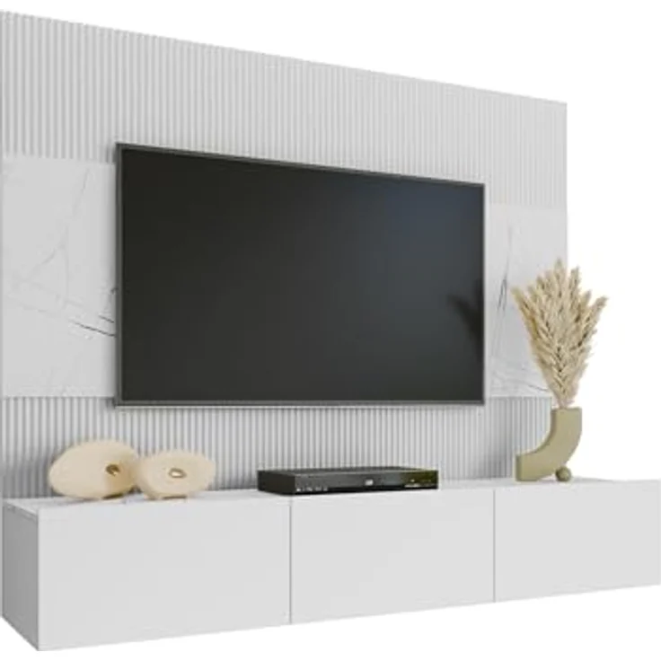 Mirjan24 Wohnwand, Weiß, Holzwerkstoff in Marmor Optik, 180x150x38 cm, mit griffloses Öffnungssystem und Topfscharniere – Bild 1
