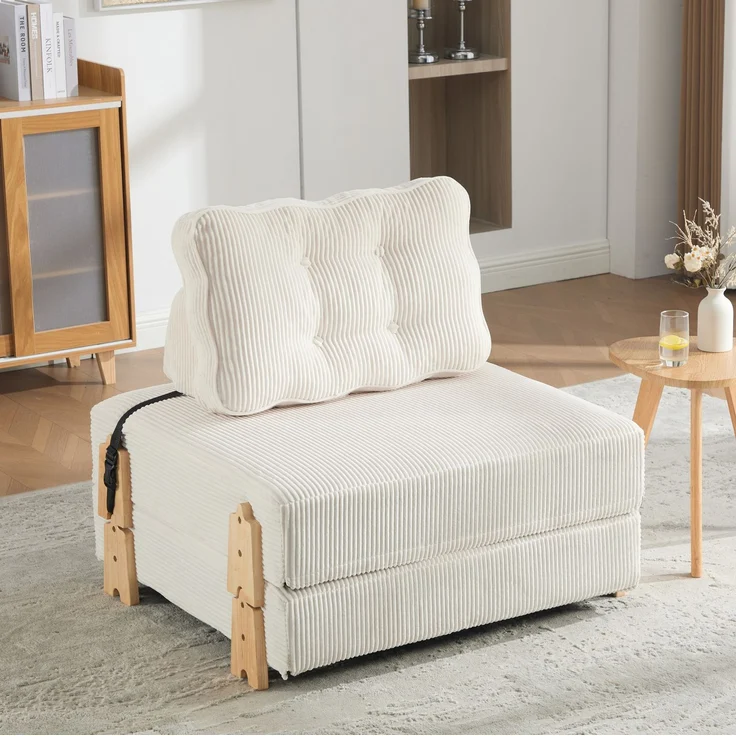 Schlafsessel aus Cord, klappbar mit Holzgestell, 90x86x84 cm, Beige – Bild 1