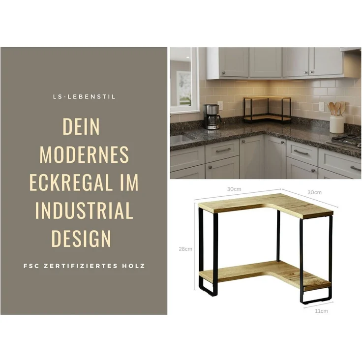 LS-LebenStil Eckregal Küchenregal Eckregal Holz 27x25cm stehend Aufbewahrungsregal Gewürzreg, Küche & Bad - Gewürzregal über Eck - Organizer für Tassen Gewürze 1-tlg, Dekoregal als für Arbeitsplatte - Modern & Platzsparend – Bild 3