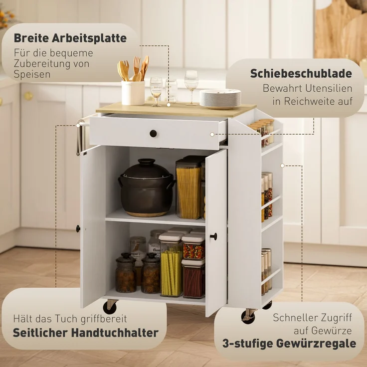 MELAYR, Küchenwagen mit Schublade, Schrankfach, Gewürzregal, Handtuchstange, 82 x 38 x 86.5 cm, Weiß/Eiche – Bild 6
