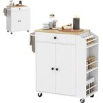 HOMCOM Servierwagen Kücheninsel mit Arbeitsplatte, Schublade, (Küchenschrank Rollbar, 1 St, Küchenwagen auf Rollen), mit Einlegeboden, Gewürzregal, Handtuchstange, Küchentrolley Weiß