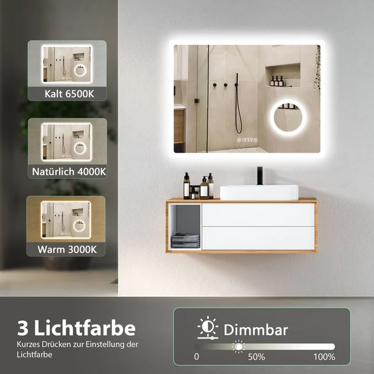 Gimbelen LED Badspiegel 60x100 cm, rechteckig, 3 Lichtfarben dimmbar & Touch-Schalter, Anti-Beschlag, integrierte Uhr & 3-fach Vergrößerung, Speicherfunktion, IP44, für Badezimmer, Silber – Bild 2