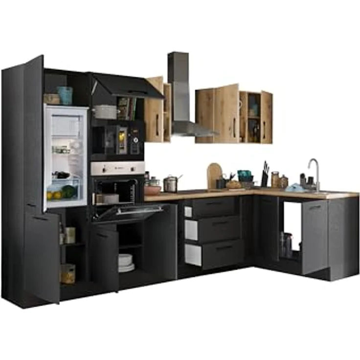 Turin LBM Eckküche 330 x 211 x 60 cm, schwarz - Ohne Küchengeräte - Moderne, geräumige Küche in Artisan-Eiche Optik mit viel Stauraum – Bild 3