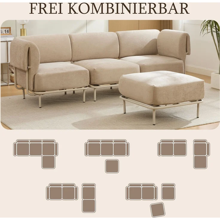 3-Sitzer Sofa mit Hocker, B 251 x T 155 x H 78 cm, Chenille in Khaki, modular – Bild 8