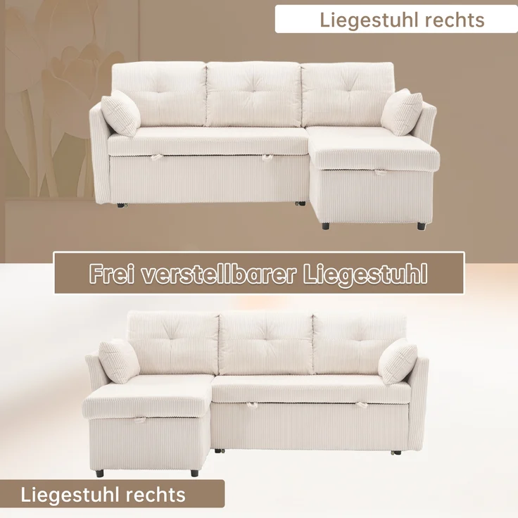 LVHOM Ecksofa mit Schlaffunktion L-Form, Sofa mit Bettkasten, Wohnzimmersofa mit Seitentasche, Couch Samtstoff, Bettsofa, 3 Sitzer – Bild 4