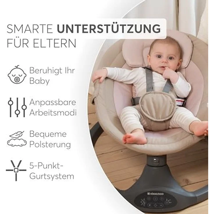 KikkaBoo Codie Babywippe Elektrisch für Neugeborene mit Musik – Baby Schaukelstuhl bis 9 kg, 5 Schwingstufen, Bluetooth, Verstellbare Rückenlehne, 10 Melodien, Hellgrau – Bild 4