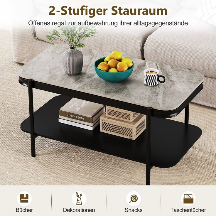COSTWAY Couchtisch, rechteckig mit Stauraum, Marmor Wohnzimmertisch grau – Bild 2