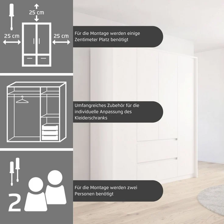 rauch Drehtürenschrank Schrank Garderobe MAINZ Breiten 91/136/181/226/271/315/360, Höhe 210cm (3 verschiedene Ausstattungen BASIC/CLASSIC/PREMIUM (inkl. SOFT-CLOSE) grifflose Front, Außentüren mit Push-to-Open Funktion MADE IN GERMANY – Bild 4