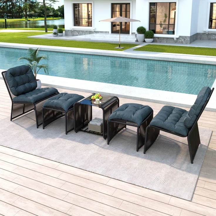 LVHOM Gartenmöbel-Set 5-tlg, Balkonmöbel-Set mit 2 Sessel, 2 Hocker und Tisch, inkl. Sitzpolster, Sitzgruppe Polyrattan, Wetterfestes Lounge-Set – Bild 9