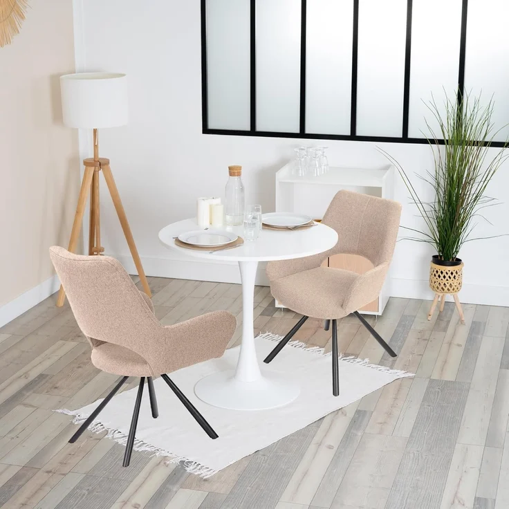 MEUBLE COSY Esstisch mit 2 Esszimmerstühle, Essgruppen, 3er-Set, Runder Esstisch, Küchentisch mit 2 Essstühlen, Stahlgestell, für Esszimmer Küche Wohnzimmer, Weiß + Beige – Bild 2