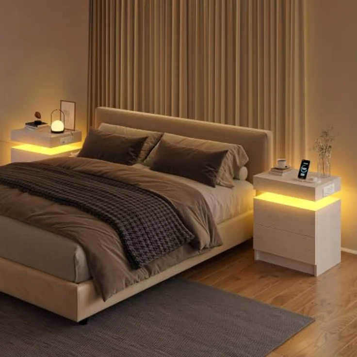 IRONCK Nachttisch 2er Set mit LED & Steckdose, Weiß | Nachtkonsole 48x35x60 cm mit USB-Anschluss, 2 Schubladen Modernes Design für Schlafzimmer, Wohnzimmer – Bild 9