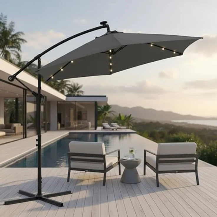 Terrassenschirm Grau Kurbelschirm 350 cm Ampelschirm LED Sonnenschutz Garten Gartenschirm Marktschirm Sonnenschirm Strandschirm 3,5 Meter Aufklappbar – Bild 5