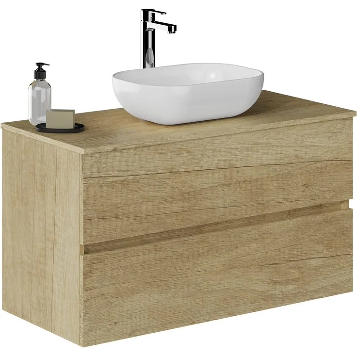 Baikal Badezimmermöbel zur Wandmontage, mit Waschbecken und Zwei Schubladen, Nature 100 x 55 x 46 cm, Melamin 16, 100 x 55 x 46 cm