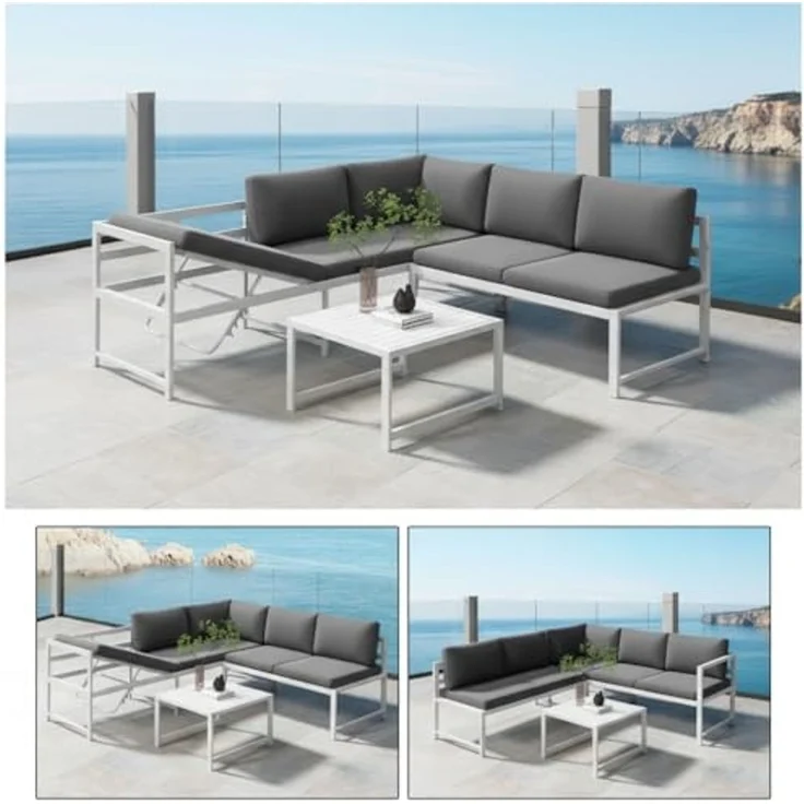 Sitzgruppe Weiß Aluminium Lounge Ecksofa mit Liegefunktion wetterfest Garten Tisch Outdoor-Möbel – Bild 2