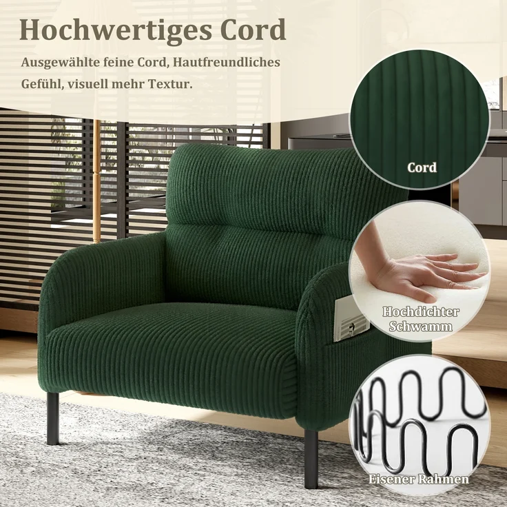 LVHOM Sessel mit Seitentaschen, Relaxsessel Cordstoff, Polstersessel Lehnstuhl Wohnzimmersessel mit Metallbeine – Bild 3