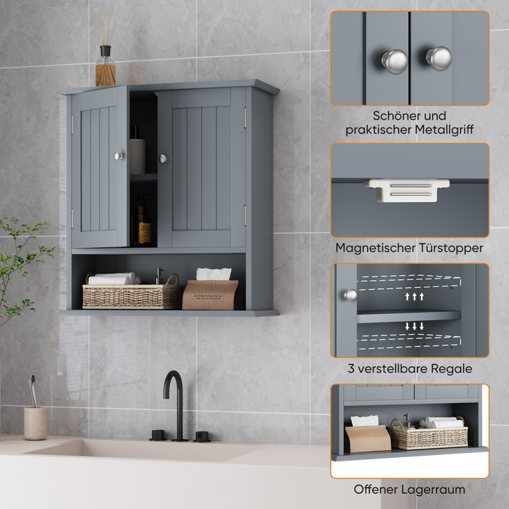 Badezimmerschrank 54,6 x 19,8 x 60 cm zur Wandmontage mit verstellbaren Einlegeböden – Bild 5