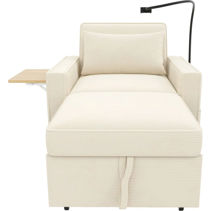 Multifunktionales faltbares Schlafsofa mit USB-Ladeanschluss und Handyhalter, 1-Sitzer Relaxsessel Sofa Bett umwandelbar, platzsparend für Wohnzimmer und Schlafzimmer, Cord Stoff, Beige – Bild 12