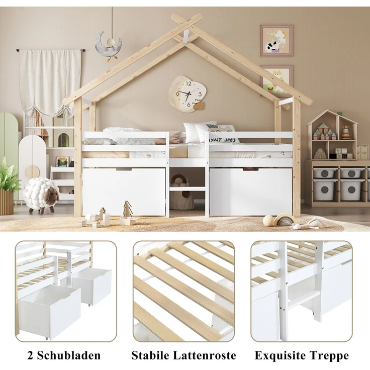 Kinder Hausbett 90x200 halbhoch mit Dach & 2 Schränken - Weiß+Natur, mit Treppe,Sicherheitszaun, Stauraum,Spielbett – Bild 5