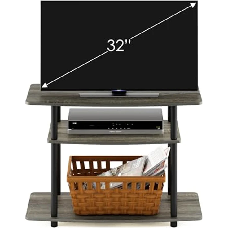 Furinno TV-Schrank mit 3 Ebenen, holz, Französische Eiche Grau/Schwarz, 40.13 x 80 x 59.18 cm – Bild 4
