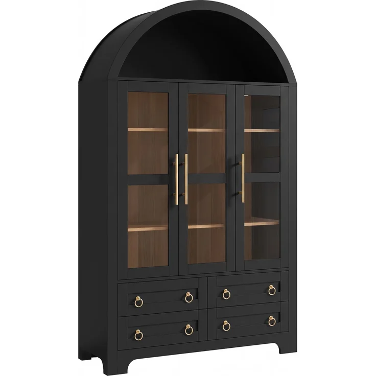 Flieks Vitrinenschrank, Hochschrank mit 3 Glastüren, 4 Schubladen & offener Bogennische, 110 x 40 x 185 cm, Schwarz – Bild 5