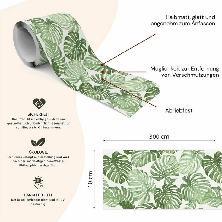 Muralo Bordüre Wandbordüre selbstklebend Blätter – Tapetenbordüre Wohnzimmer, bedruckt, Grüne Blätter der Monstera, 10x300 cm, abriebfest, abwischbar – Bild 2