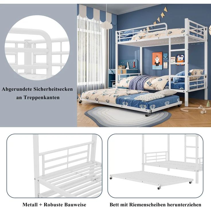 Bett 90x200/90x190 cm Etagenbett mit Ausziehbett, Weiß, Metall – platzsparend und EN-747-zertifiziert – Bild 7