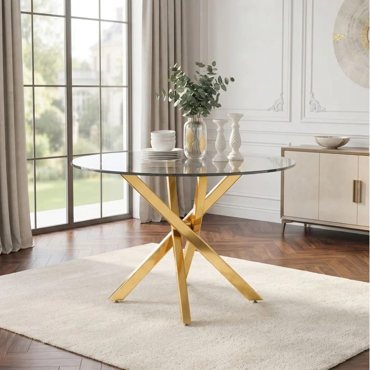 Runder Tisch 80 cm – Glasplatte und goldfarbenes Metallgestell mit Kreuzdesign – Bild 3
