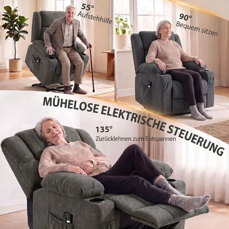 MELAYR, Dual-Motor Relaxsessel mit elektrischer Aufstehhilfe, 94 x 90 x 110 cm, Dunkelgrau – Bild 6
