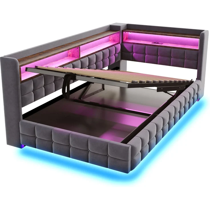 Polsterbett Liegefläche 90×200 cm mit Bettkasten, LED und Steckdose, Grau, ohne Matratze – Bild 9