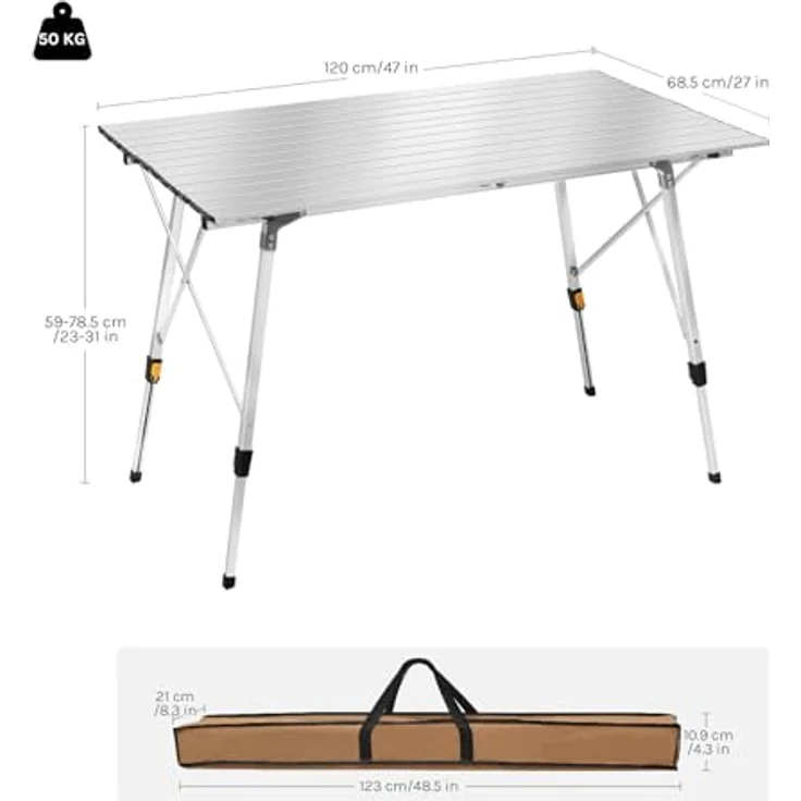 WOLTU Alu Campingtisch klappbar, Falttisch Höhenverstellbar mit Tragetasche & aufrollbarer Tischplatte, Klapptisch Reisetisch 4-6 Personen, für Camping Garten Balkon, 120 * 68. 5cm, Silber – Bild 4