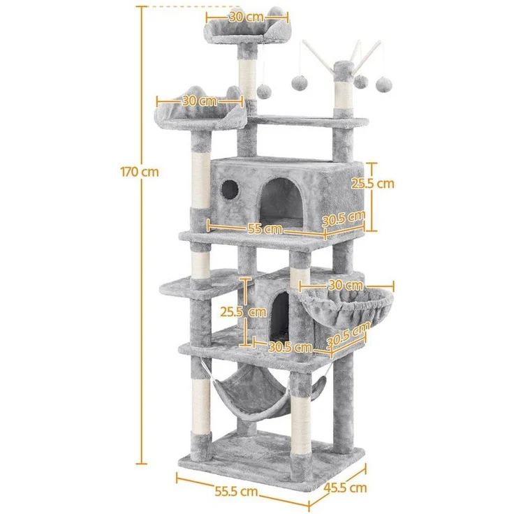 Yaheetech Kratzbaum 170 cm (H), Katzenbaum mit Aussichtsplattform, Katzenhöhlen, Hängematte – Bild 3