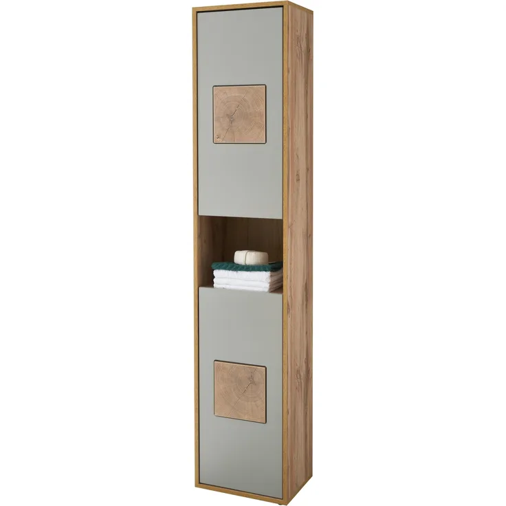 GREECE Badezimmer Hochschrank in Basalt, Wotan Eiche Optik mit Hirnholz-Applikationen - Badezimmerschrank Bad Schrank mit viel Stauraum - 40 x 190 x 30 cm (B/H/T)