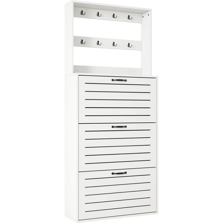 ZUBALIYA Schuhschrank (70 x 25 x 163 cm), 3 Türen, Lamellengestaltung, Aufbewahrung für Schuhe, Hausschuhe und Schuhzubehör, Weiß – Bild 18