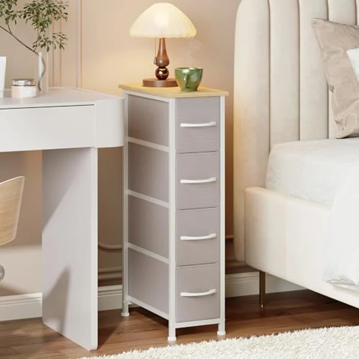 Somdot Kommode mit Schubladen, Kommode Schmal Schlafzimmer Wohnzimmer Flur, Komodenschrank Schubladenschrank Aufbewahrungsschrank Stoffkommode, 4 Stoffschubladen, Ashgrau, 48T x 20B x 75H cm – Bild 3