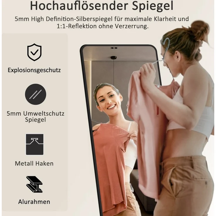 Hopibath Spiegel groß für Wohnzimmer Schlafzimmer Flur Garderobe Hotel (Ganzkörperspiegel Schwarz Rechteckig, 180x80, 150x50, 160x40, 140x40), Alurahmen, 4 Installationsmethoden – Bild 3