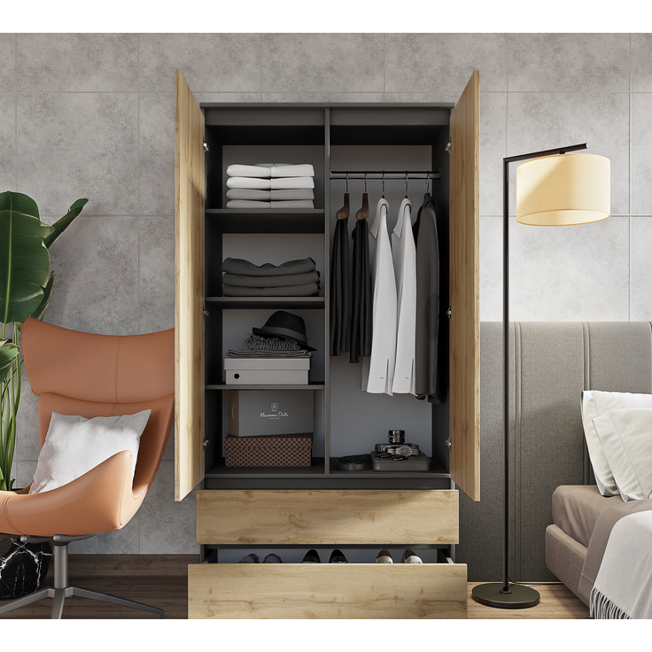 Furnica JOELLE Kleiderschrank 2 Schubladen Anthrazit Grau/Wotan Eiche H180 B90 T50cm – Bild 4