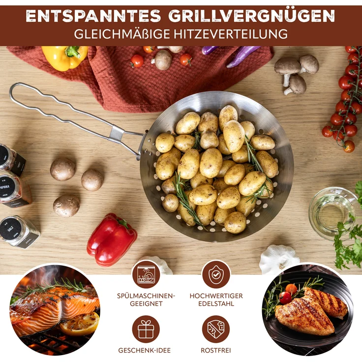 Grillpfanne rund // mit Klapp-Griff // Edelstahl ca. Ø 28 x 6,5 x 52 cm // Grillkorb Grillwok – Bild 2