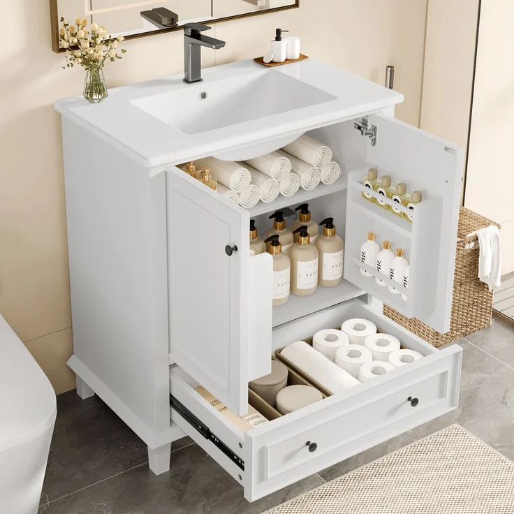 Badezimmerschrank 76 x 46 x 87 cm mit Keramikbecken, viel Stauraum & Massivholzbeinen – Moderner Waschtischschrank,Weiß – Bild 4
