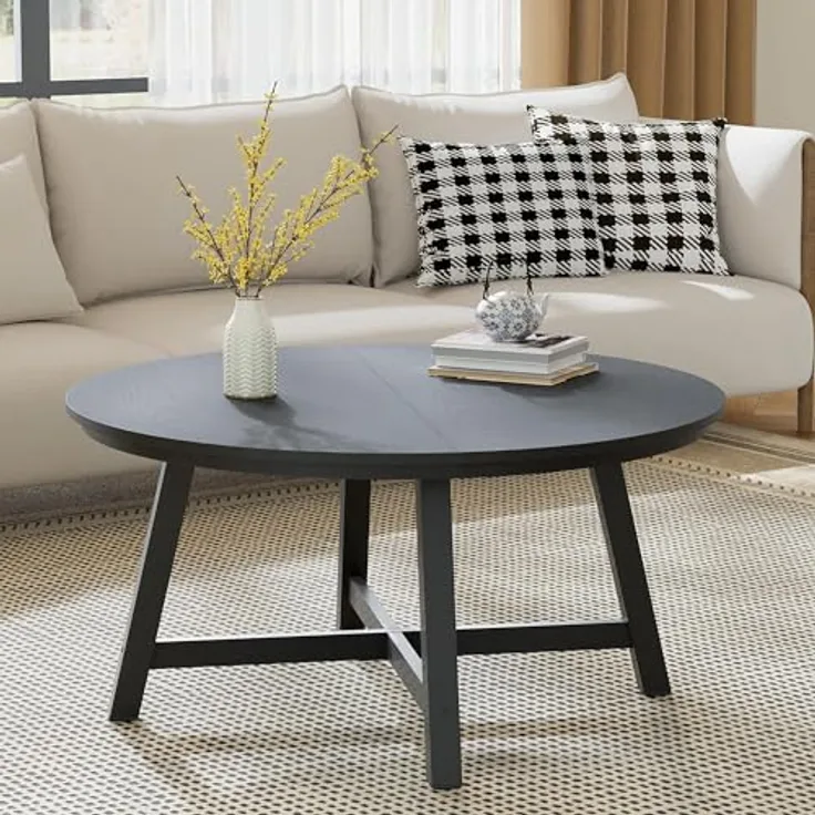 GarveeHome 91 cm Runder Kaffeetisch, Couchtisch Mit Metallbeinen, Moderner Beistelltisch Mit 4 cm Starker Tischplatte, Für Wohnzimmer, 91,4 x 91,4 x 47 cm