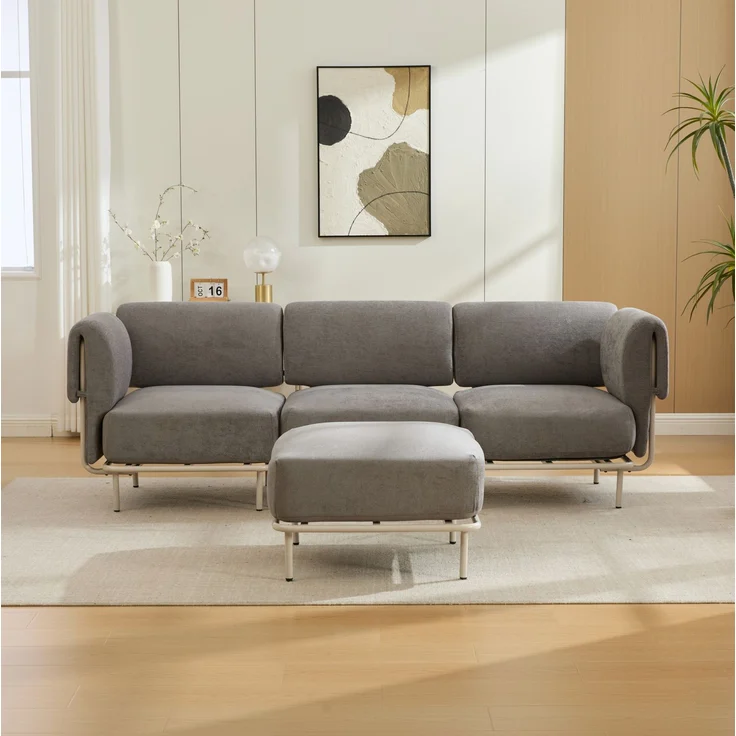 Modulares Dreisitzer-Sofa mit Hocker 251 x 155 x 78 cm – grauer Chenille-Bezug – Bild 4