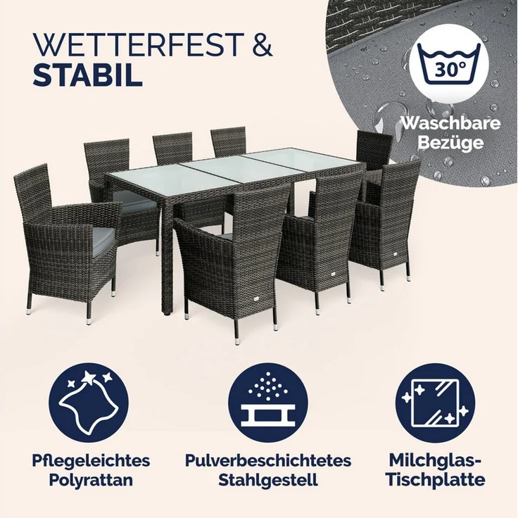 Casaria Garten-Essgruppe, (9-tlg), Polyrattan 8 Stühle Stapelbar 190x90cm Gartentisch Glas Wetterfest – Bild 2