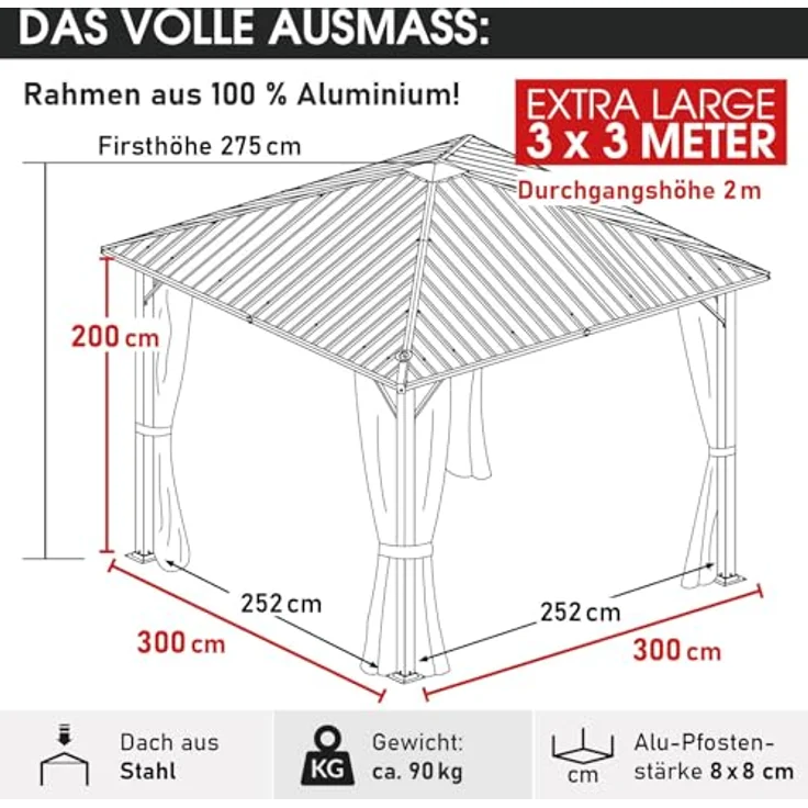 BRAST Pavillon Aluminium Miami 3x3m, Hardtop mit Stahlach, wasserdicht, UV-Schutz, anthrazit, inkl. Moskitonetz und LEDs – Bild 3