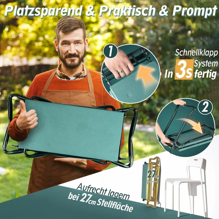 Sekey Höhenverstellbare Kniebank für Gartenarbeit Belastbarkeit 160KG, Gartenhocker Klappbar mit Werkzeugtaschen, Kniehilfe für Gartenarbeiten 60 * 50 * 28 cm, Grün (Standard) – Bild 5