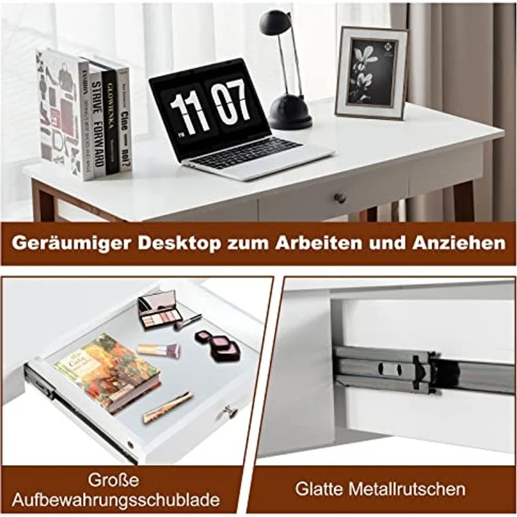COSTWAY Schreibtisch mit Schublade, Computertisch Kautschuk Tischbeine 106x50x75,5cm, Schminktisch Bürotisch Hochglanz für Büro und Arbeitszimmer (Braun) – Bild 4