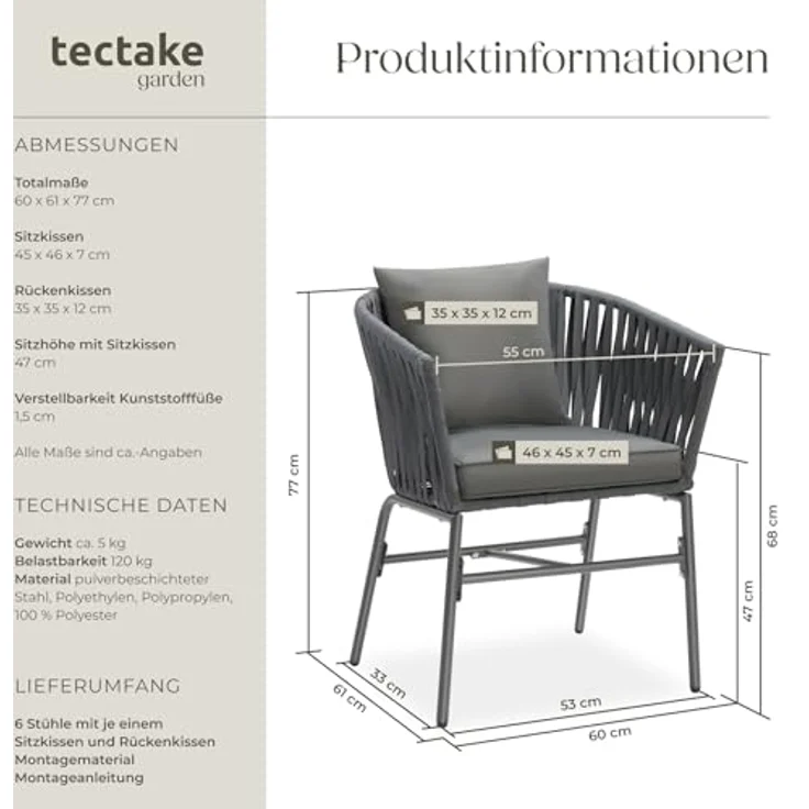 tectake® Gartenstühle Set, Geflecht-Stuhl, Gartenstuhl Rope, Stühle Outdoor, Balkon Sessel, Terrassenmöbel mit Sitzpolster und Kissen für Garten, als Terrassenstuhl, Gartensessel - 6er Set – Bild 3