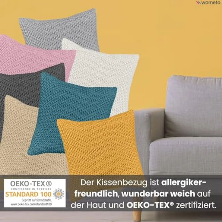 wometo Kissenhülle Strick, Grau, 45x45 cm, Oeko-Tex® zertifiziert, 2-teilig mit verdecktem Reißverschluss – Bild 3
