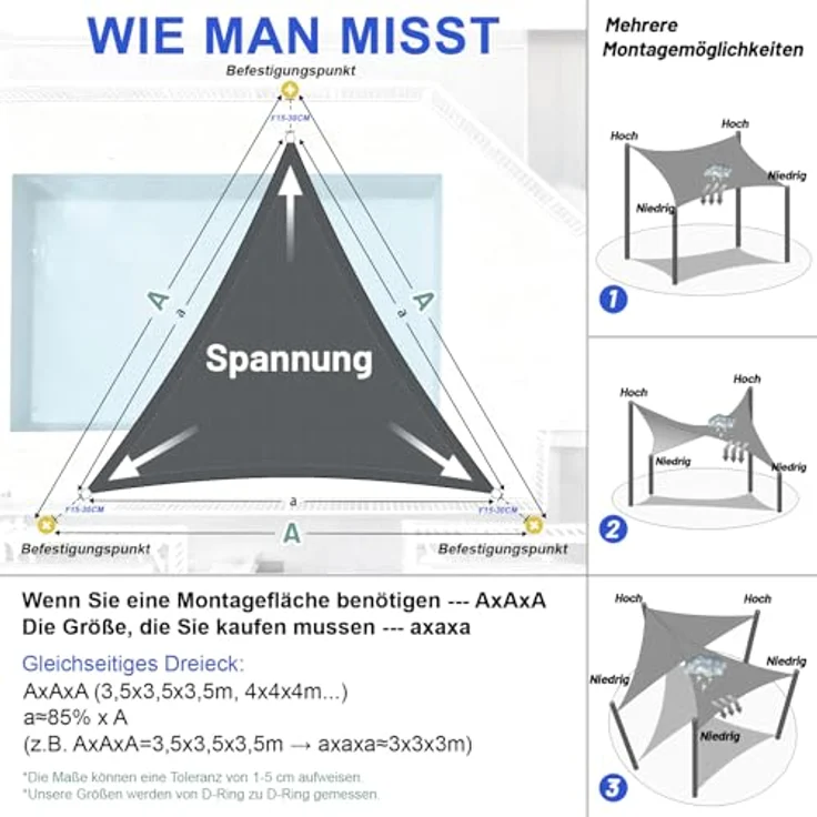 LOVE STORY Sonnensegel Wasserdicht 4 x 4 x 4 m Dreieckig PES Polyester Sonnenschutz Windschutz Balkon Terrasse 95% UV-Schut,für Balkon Garten,Anthrazit – Bild 6